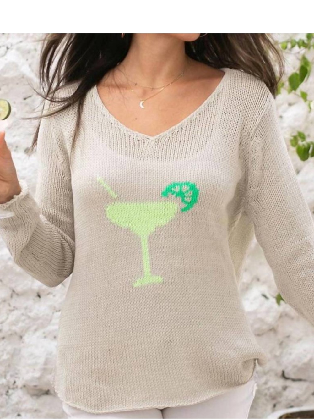 WOODEN SHIPS margarita v neck cotton sweater in khaki